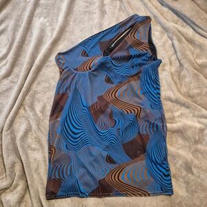 PrettyLittleThing Blue Brown Psychedelic Swirl One Shoulder Mesh Mini Dress 20